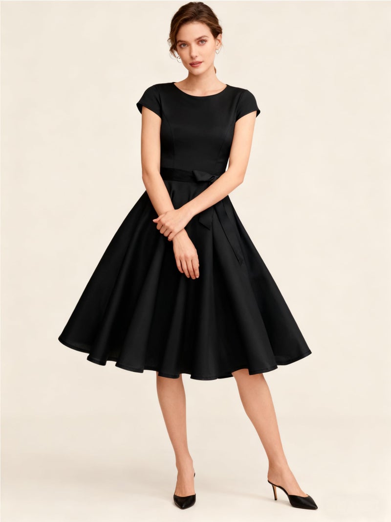 PUKAVT Women's 1950 Boatneck Cap Sleeve Vintage Swing Cocktail Party Dress with Pockets Black S - Image 3